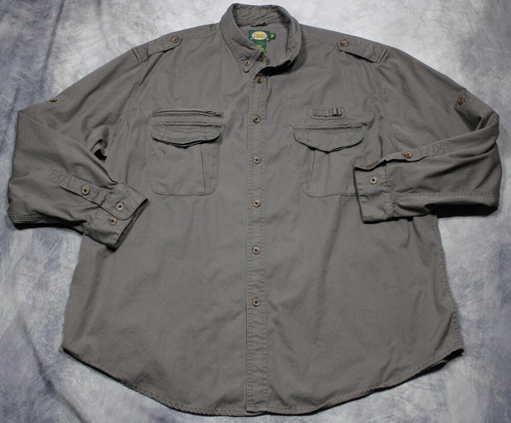 Cabela's Shirt Mens 2XL Gray Outdoor Safari Button Front Long Sleeve Pockets